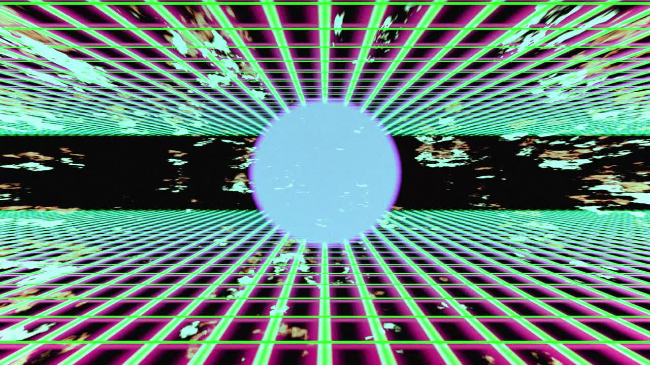 esfera opaca azul púrpura en el centro de la cuadrícula verde amarilla sobre un fondo de nube negra