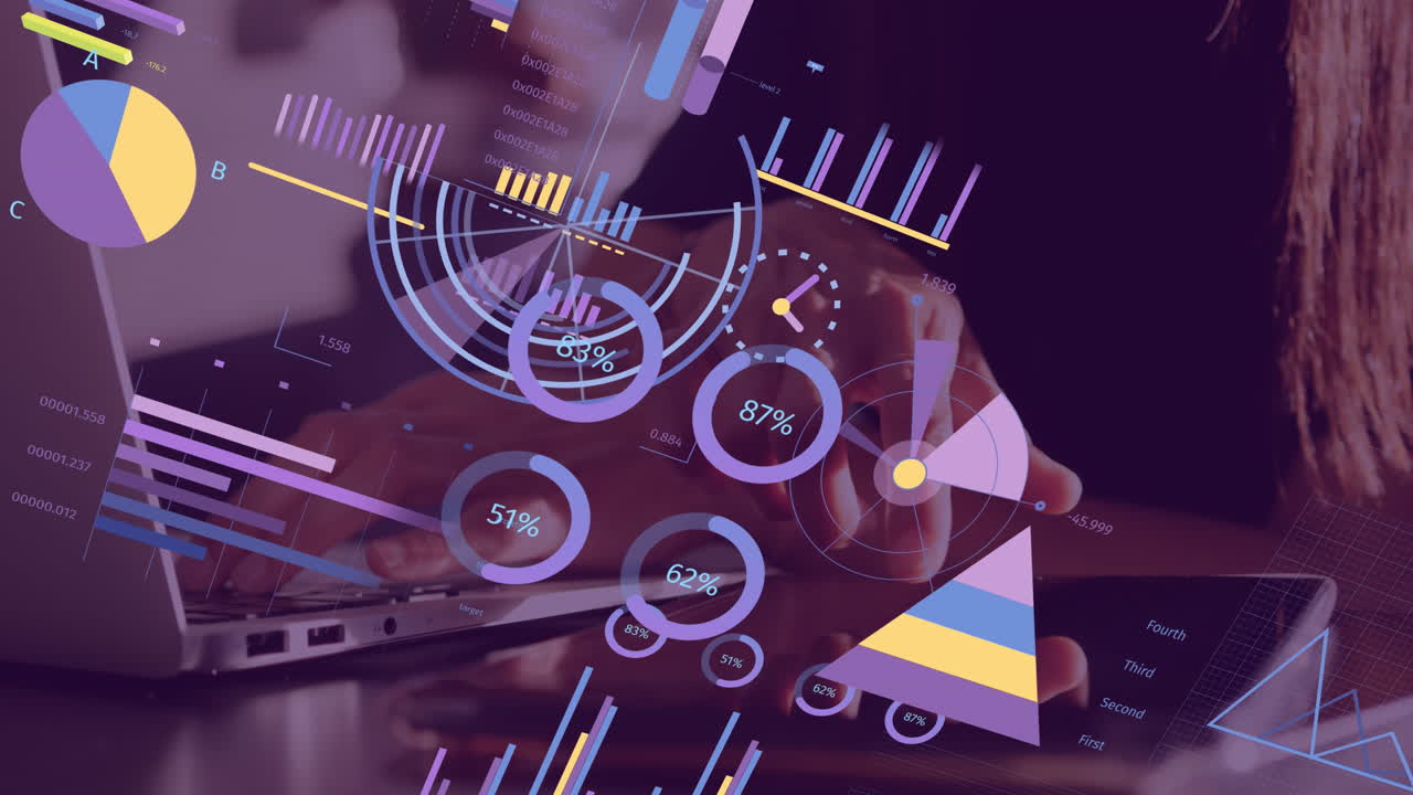 animación de estadísticas y procesamiento de datos financieros sobre mujer caucásica usando computadora portátil.