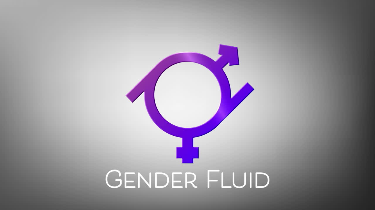 텍스트 젠더 유동의 애니메이션 보라색 젠더 유동 기호, 회색 바탕에