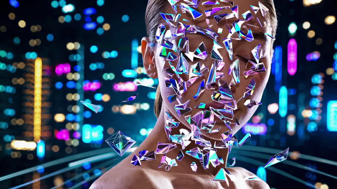 Woman Face with Broken Glass and City Lights