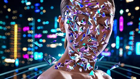 woman face with broken glass and city lights