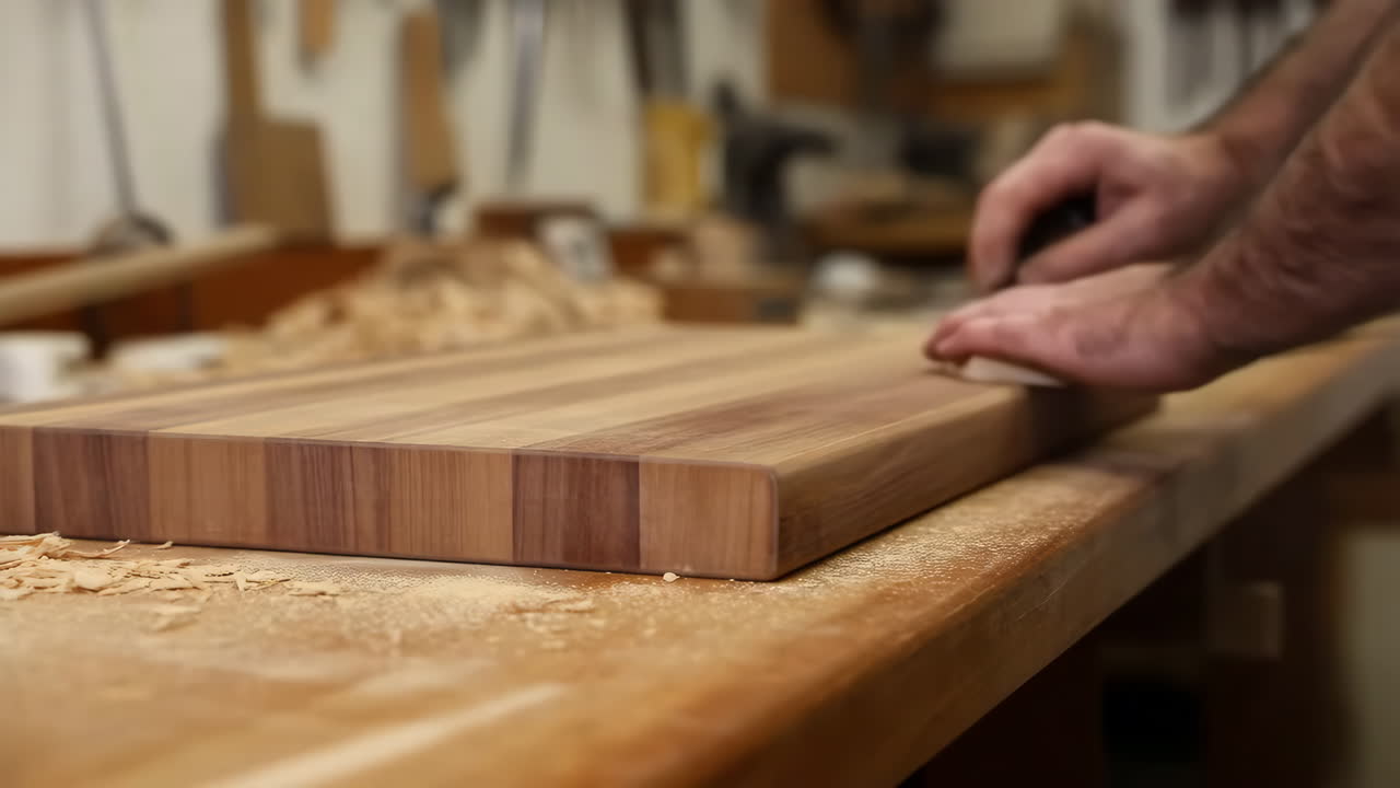 Hands working on a wooden cutting board in a workshop