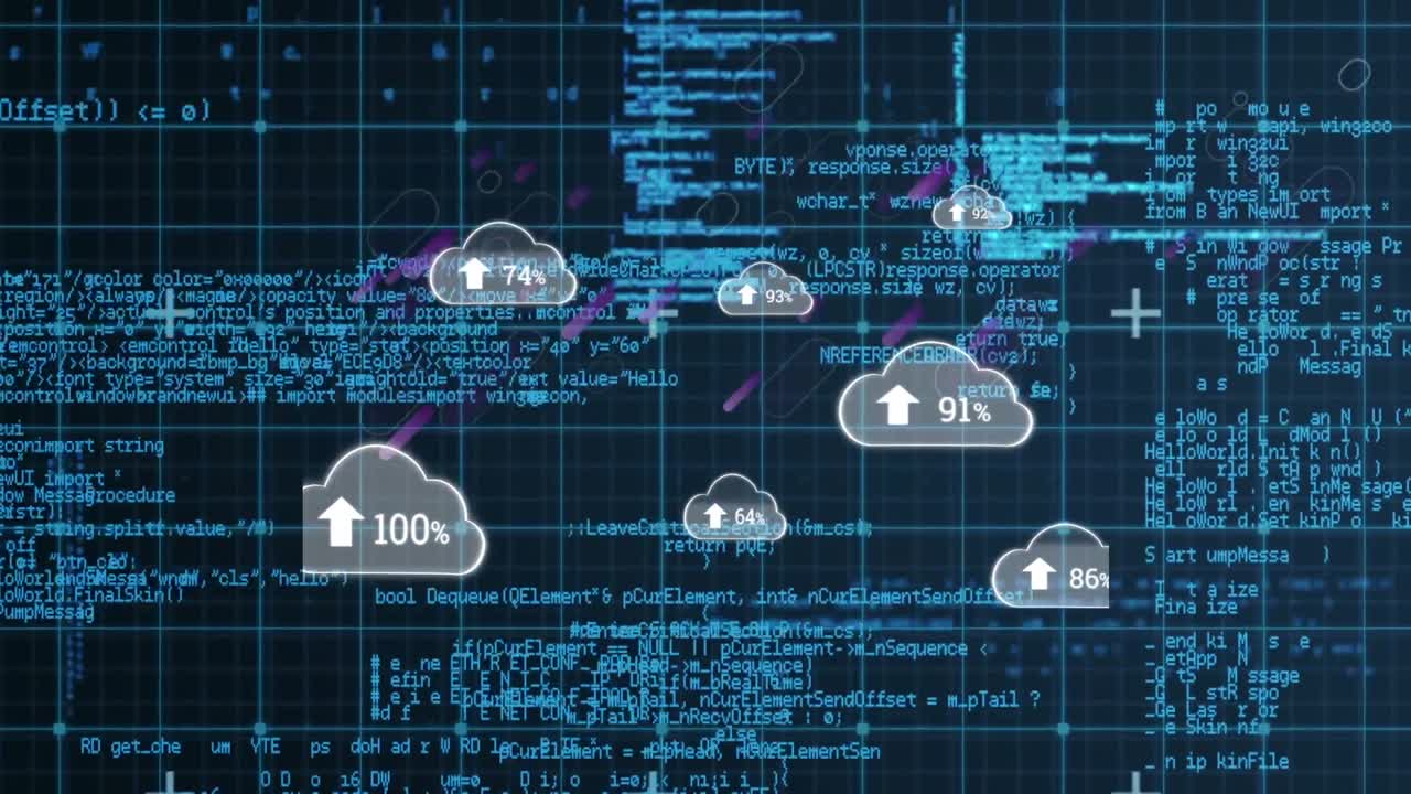 animación de nubes con un número creciente sobre líneas púrpuras y procesamiento de datos