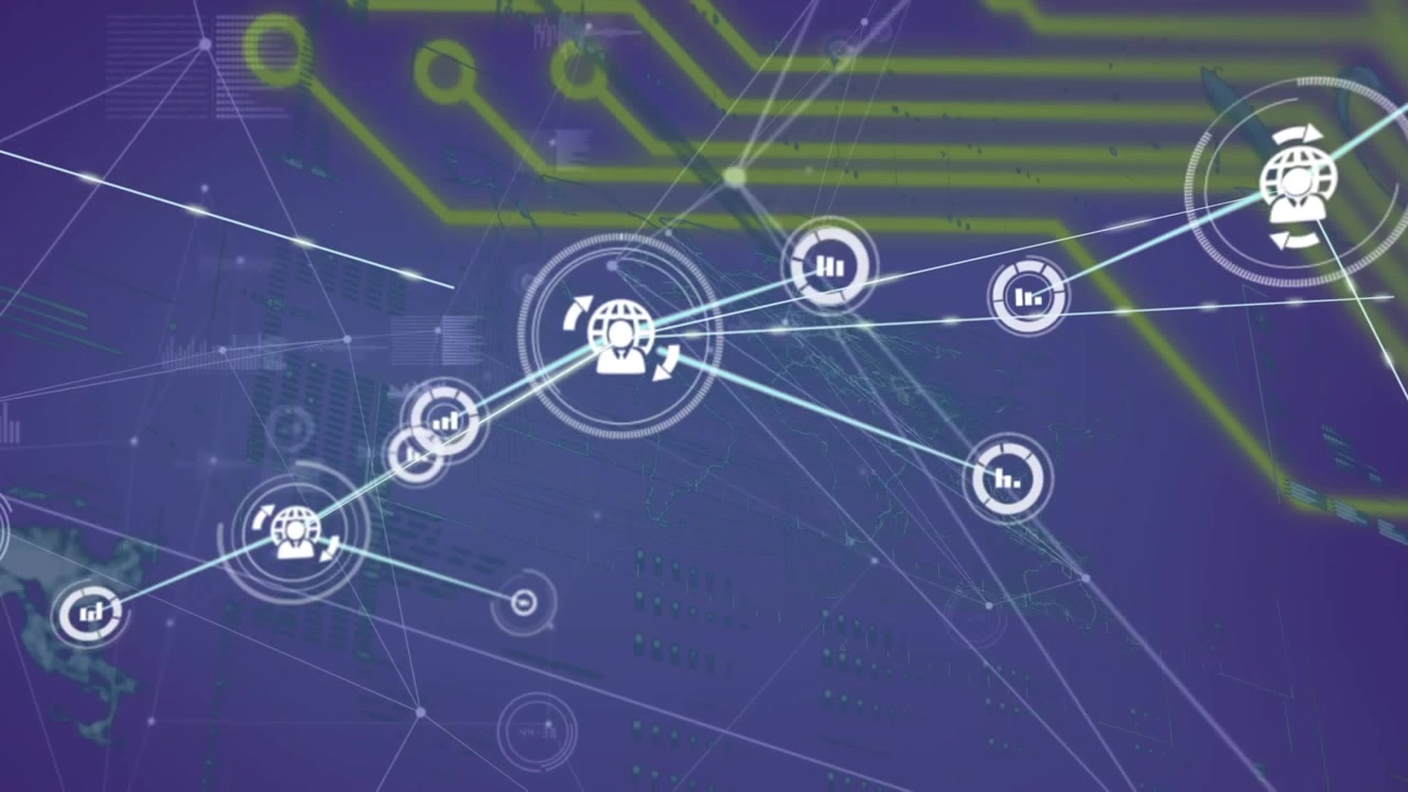 Animation of network of connections with icons over network of connections