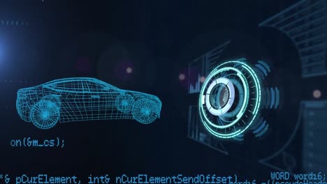 Animation-of-scope-scanning-and-car-digital-model-over-black-background