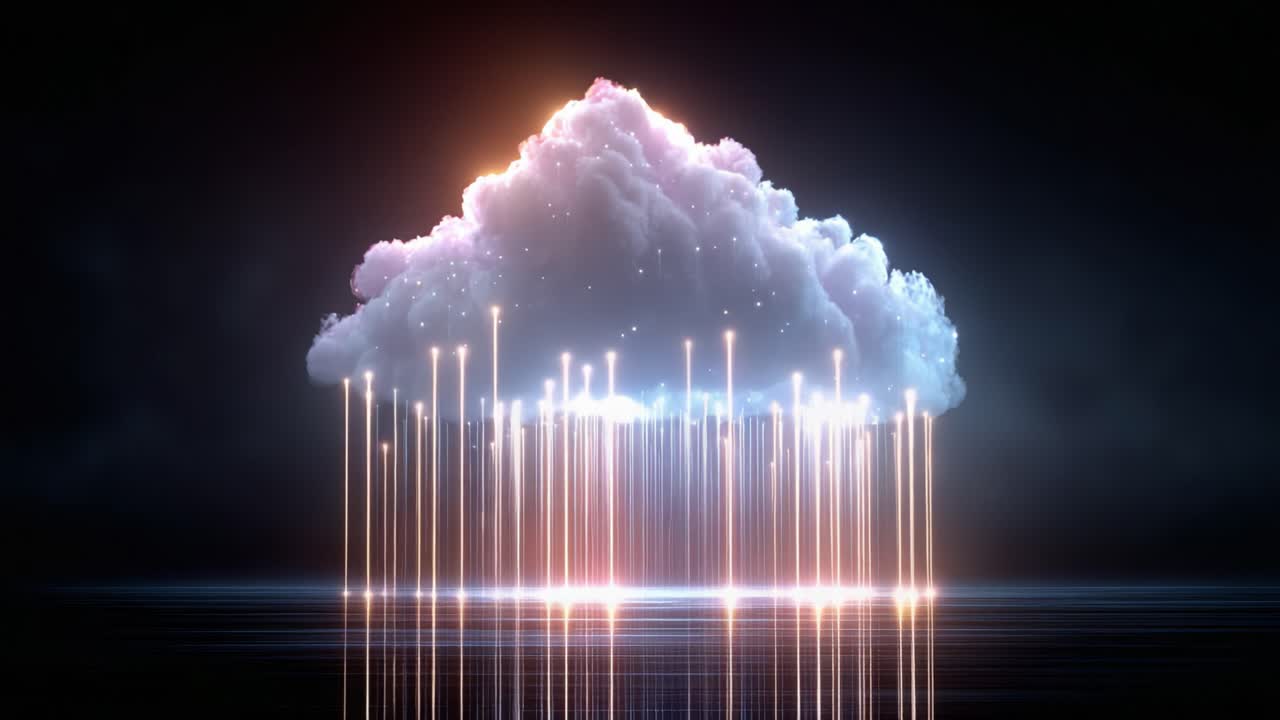 A Beautiful Cloud draped in colors emits ethereal light and rainfall in a digital artwork that captures the essence of nature and technology intertwined