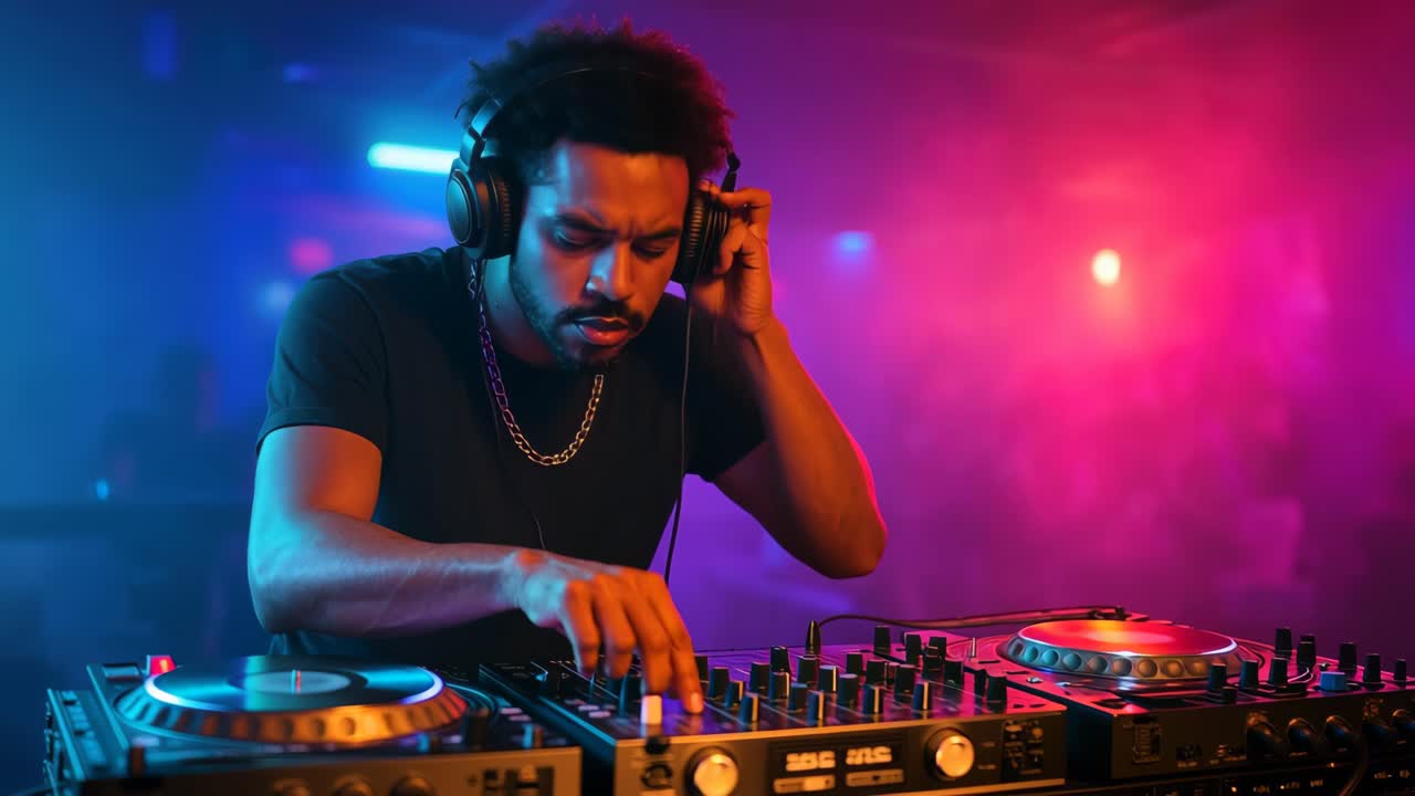 Dynamisk videobillede af en DJ i aktion, optaget fra en lav engel