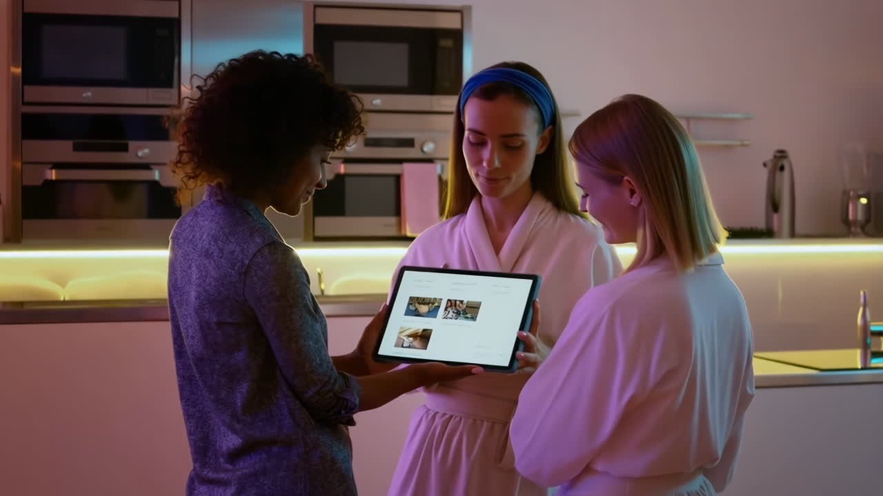 Three women looking at a tablet together in a modern home