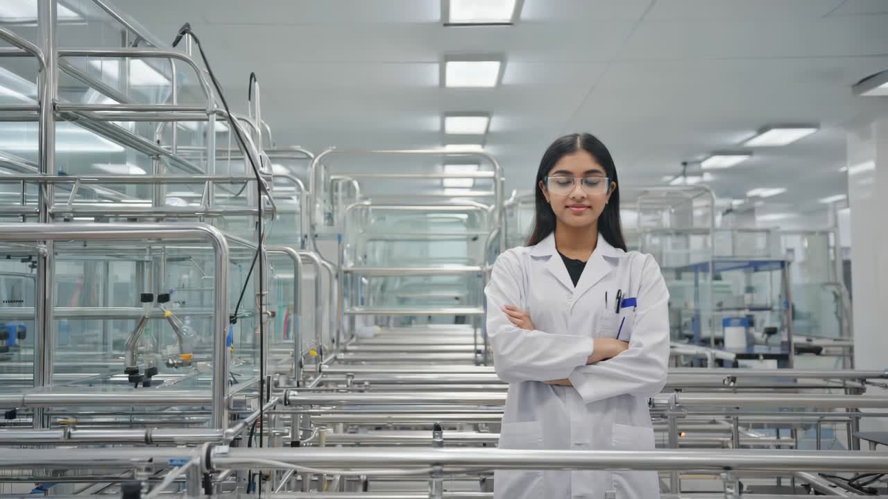 Young scientist wearing lab coat and protective glasses standing with arms crossed in pharmaceutical factory, advanced equipment in background ensuring quality and innovation in medicine production