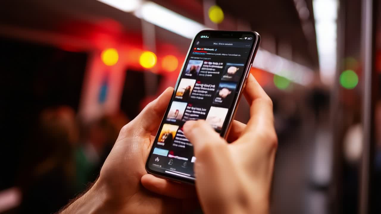 A Person Interacting with a Smartphone in a Suburban Train, Engaged in Exploring Digital Content with Colorful Vivid Thumbnails, Highlighting Modern Mobile Usage in Daily Commutes