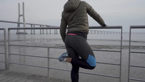 achteruitzicht van zelfverzekerde jonge vrouw die in de buurt van een metalen omheining op een houten pier traint