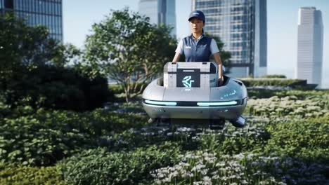 futuristic hovercraft transportation: a professional operator navigates a sleek aerial vehicle above a modern urban landscape with innovative design