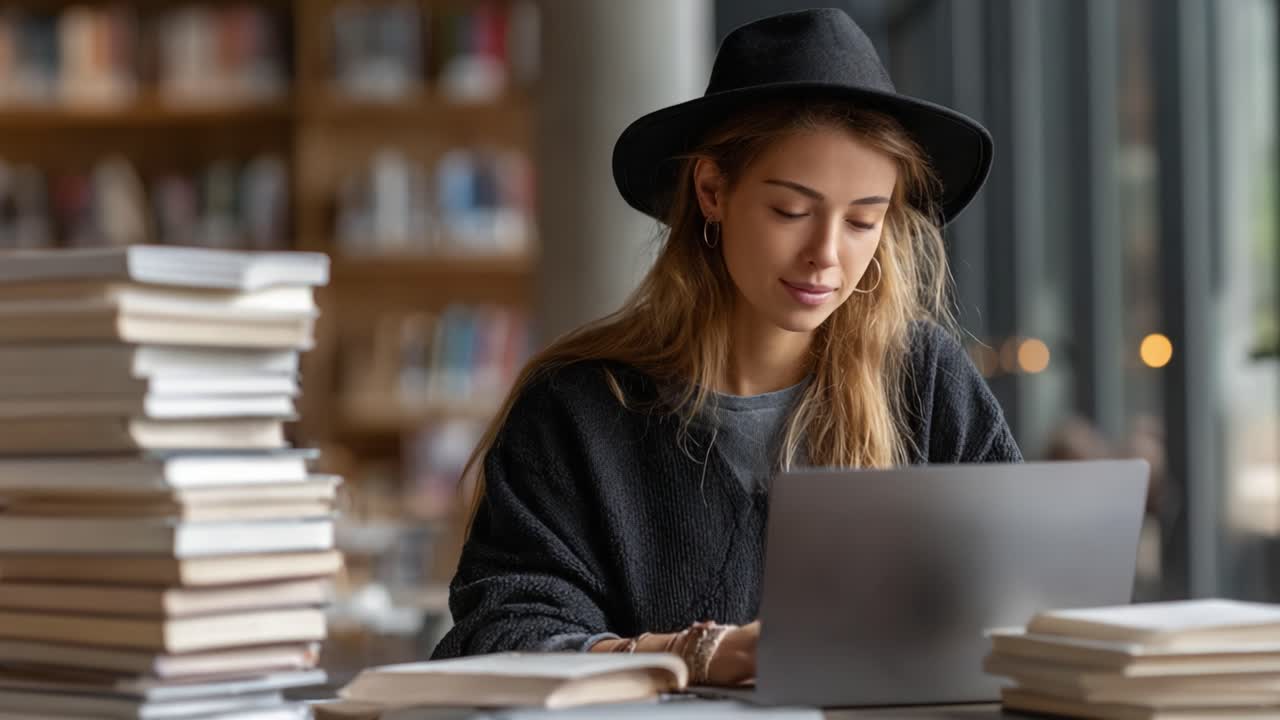 A young woman focused on her laptop, wearing a stylish black hat, surrounded by stacks of books in a cozy, well-lit environment, immersing herself in work or study