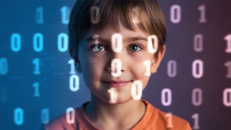 a young child with an engaging smile surrounded by digital numbers and patterns, illustrating the intersection of innocence and technology in modern society