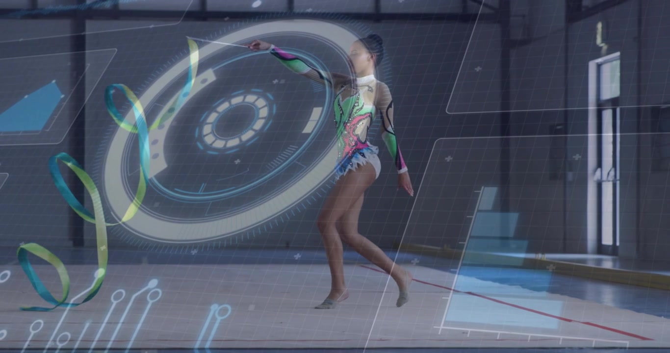Ginnasta ritmica che si esibisce con il nastro e sovrapposizione digitale.