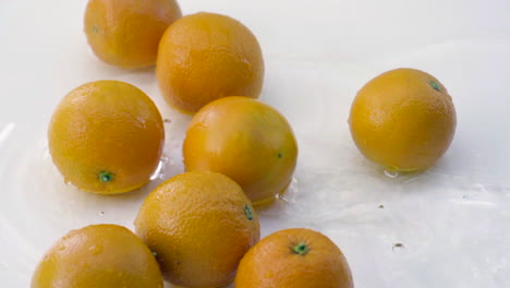 Slomo-De-Naranjas-En-Agua-Sobre-Fondo-Blanco