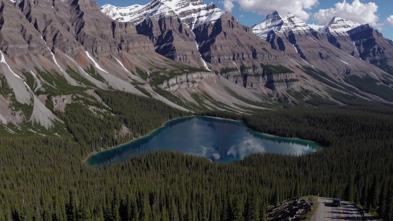 Vista aerea di un'auto che guida lungo un lago di montagna nelle Montagne Rocciose Canadesi