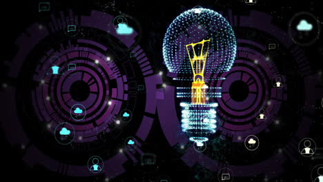 animación de la bombilla, conexiones con iconos de nube y procesamiento de datos