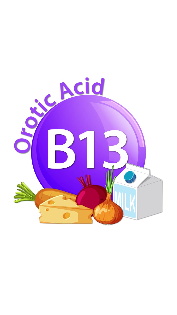 Un'animazione vivace introduce un'icona viola di Vitamina B13 Acido Orotico, aggiungendo gradualmente fonti illustrate come carota, barbabietola, cipolla, latte e formaggio su uno sfondo bianco pulito.