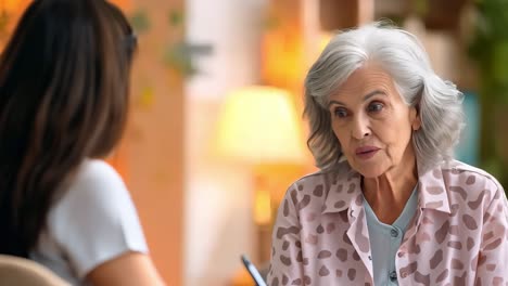 experienced senior woman sharing personal experiences with compassionate therapist during supportive mental health counseling session in comfortable professional office setting
