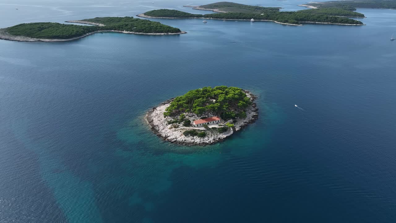 Orbit over the small island Galisnik in the Hvar region, Croatia.