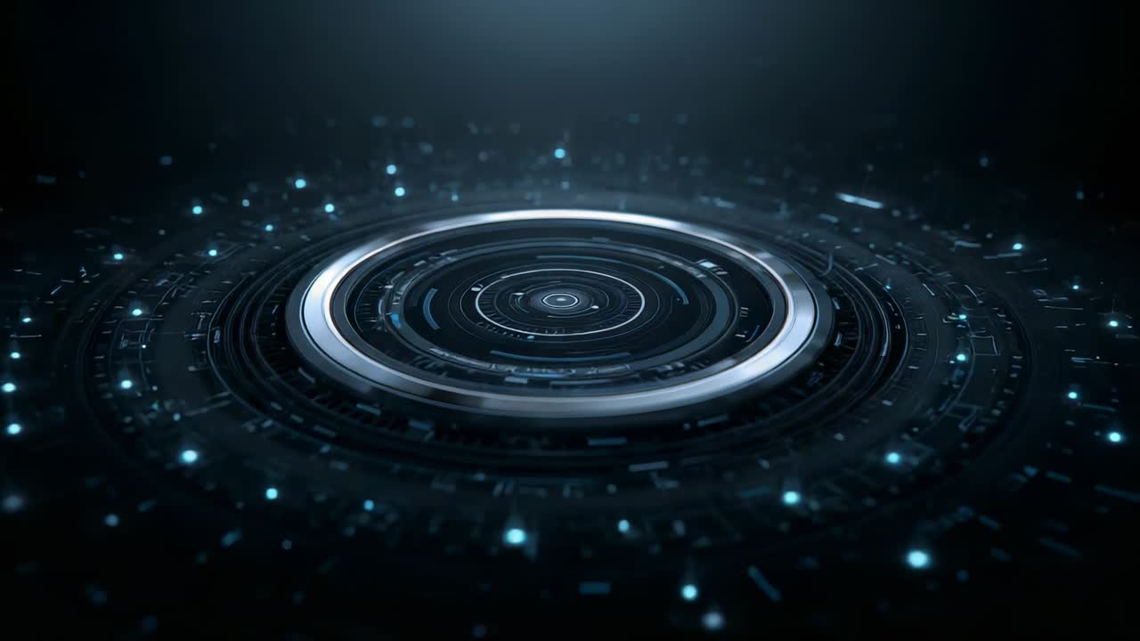 Receiving signal, central circular device powering up in dark bay, outer band pulsing