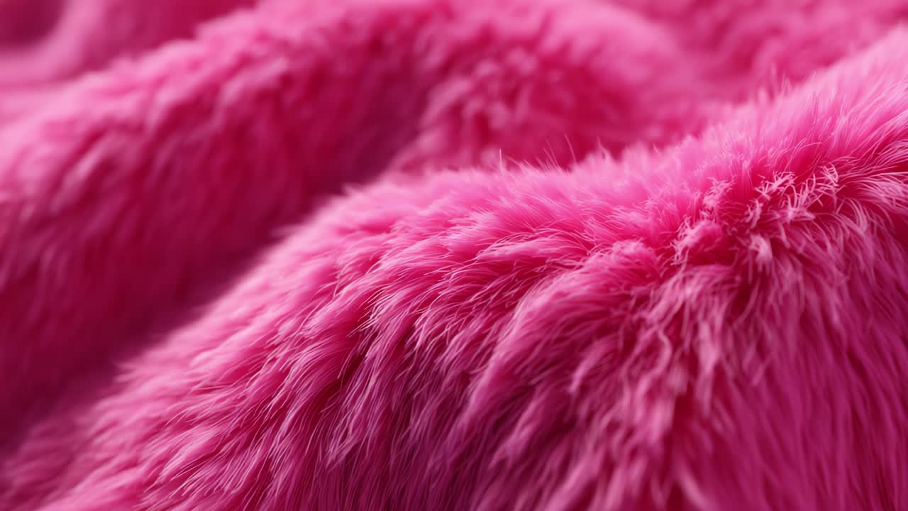 A close-up view of soft and fluffy pink fur showcasing its vibrant color and texture, illustrating the rich, luxurious feel and appearance of the material with intricate details that catch the light beautifully