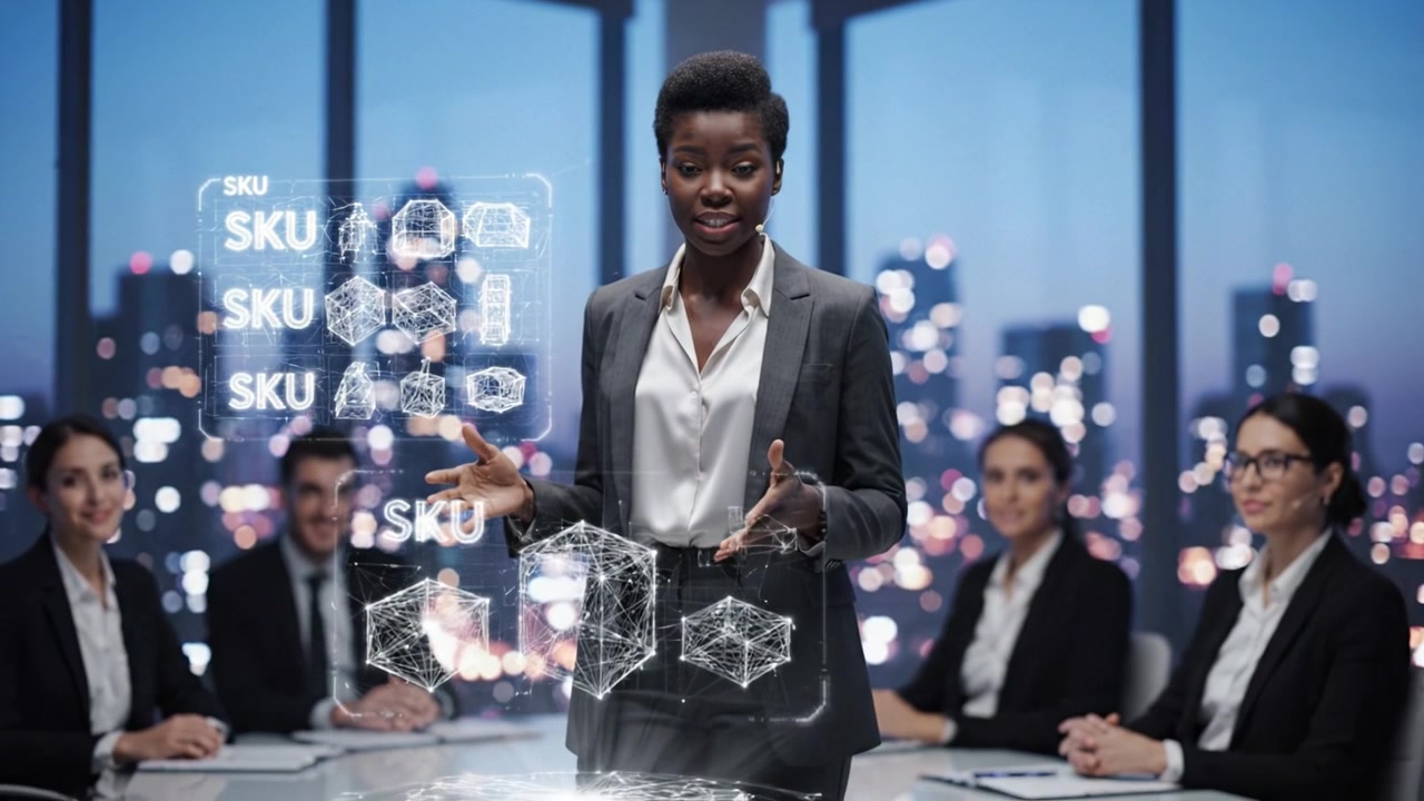 Donna d'affari sicura di sé che conduce una presentazione con display olografico futuristico in una sala riunioni aziendale con vista sullo skyline di una città di notte.