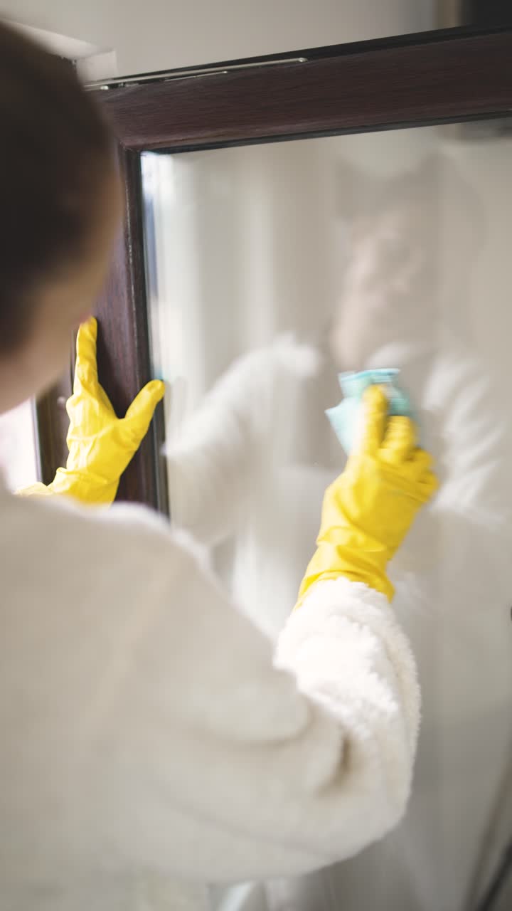 Bright spring cleaning scene with woman washing windows, sunlight, and clean glass in a modern home interior
