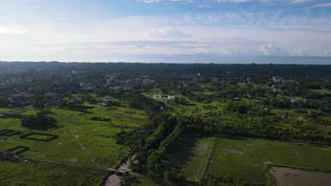 Vuelo-Aéreo-Sobre-El-Fértil-Paisaje-Verde-En-Sylhet