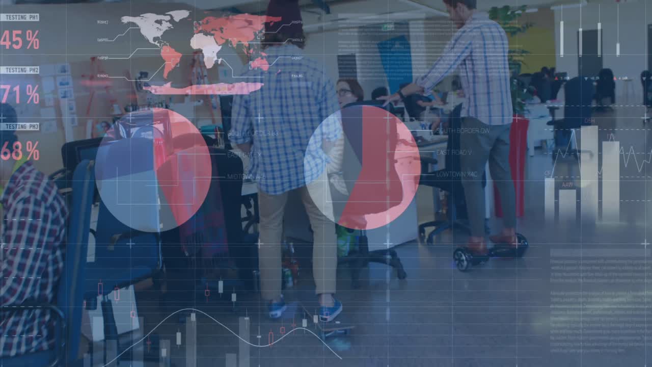 사무실에서 스케이트보드를 타는 사업가들에 대한 금융 데이터 처리 애니메이션