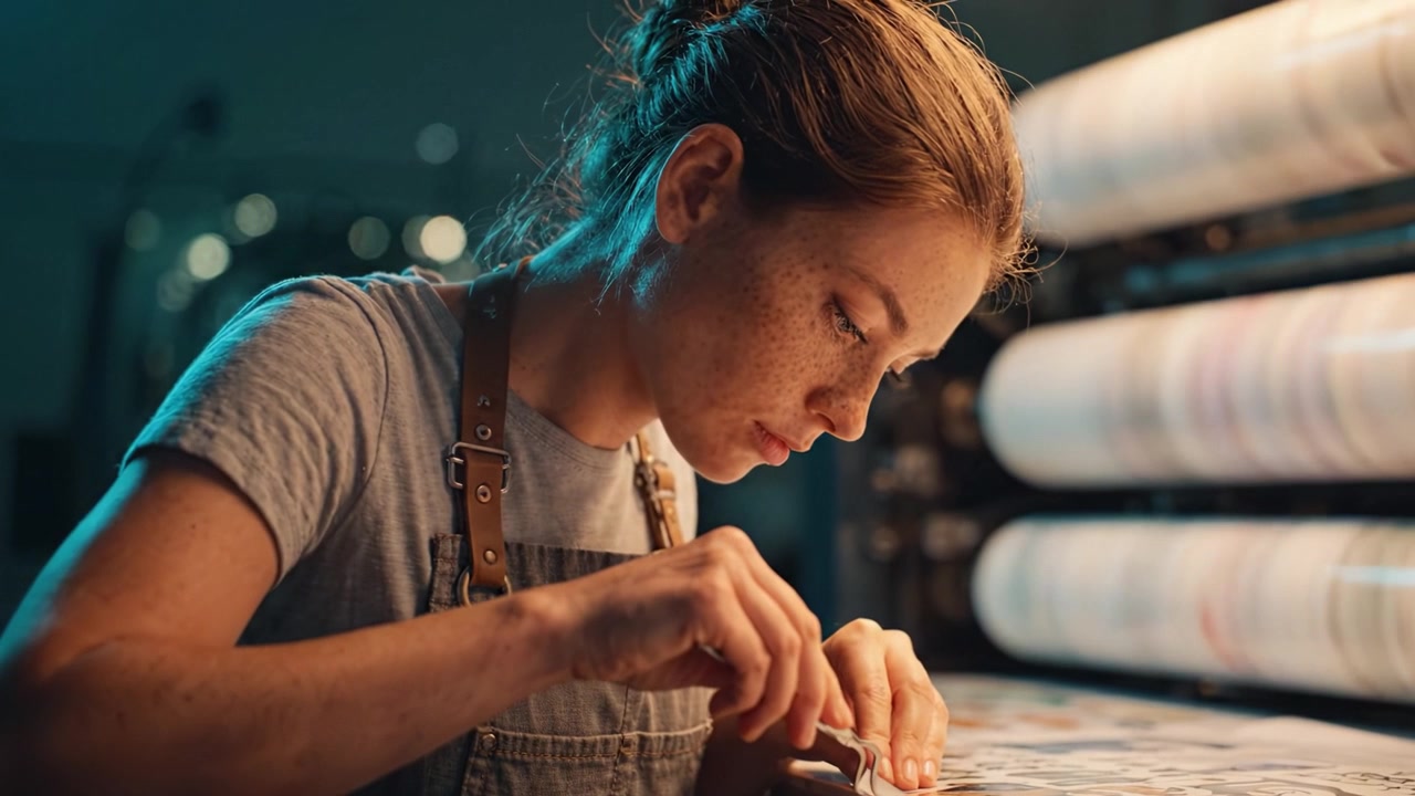 Focused Craftsperson Delicately Working on Artistic Printmaking Project in Studio, Showcasing Skills and Attention to Detail with Unique Creations.