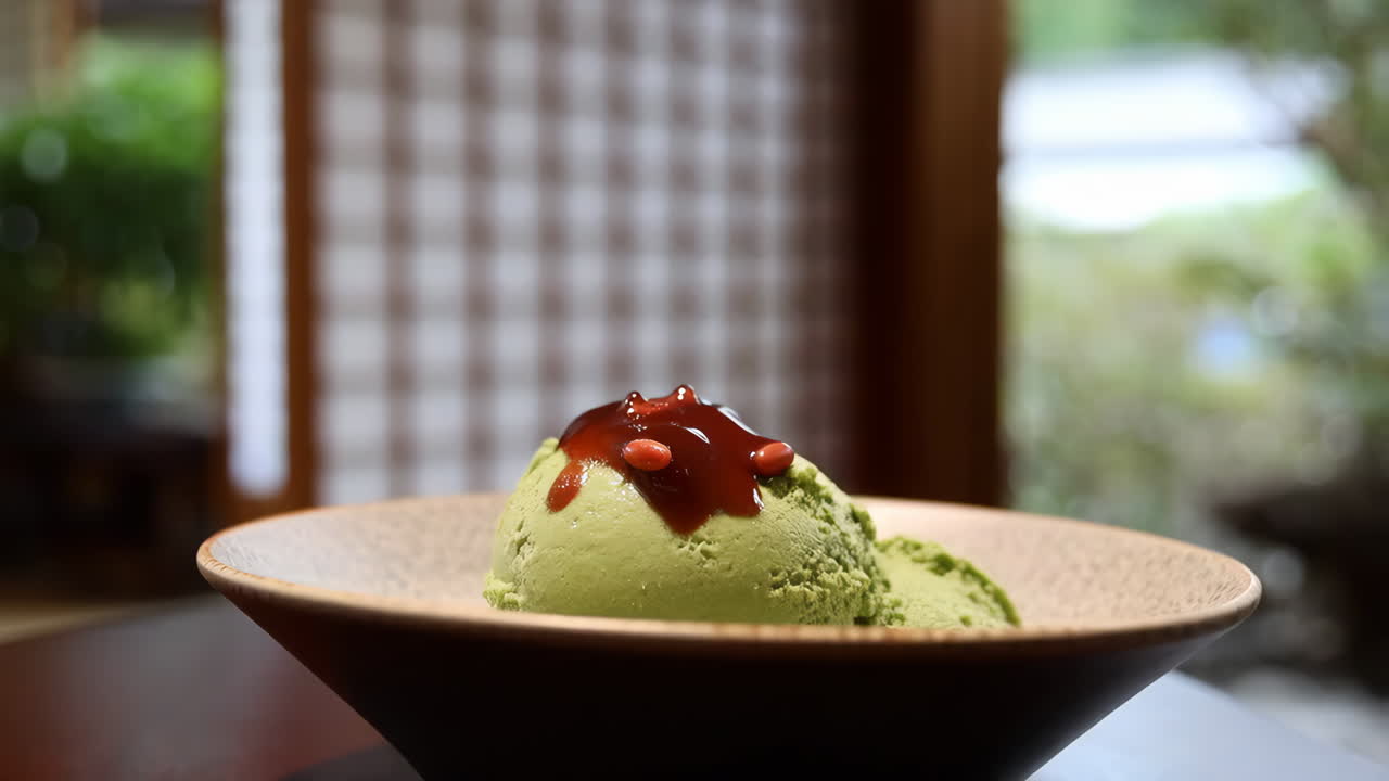 Matcha Green Tea Ice Cream Dessert with Red Bean Topping