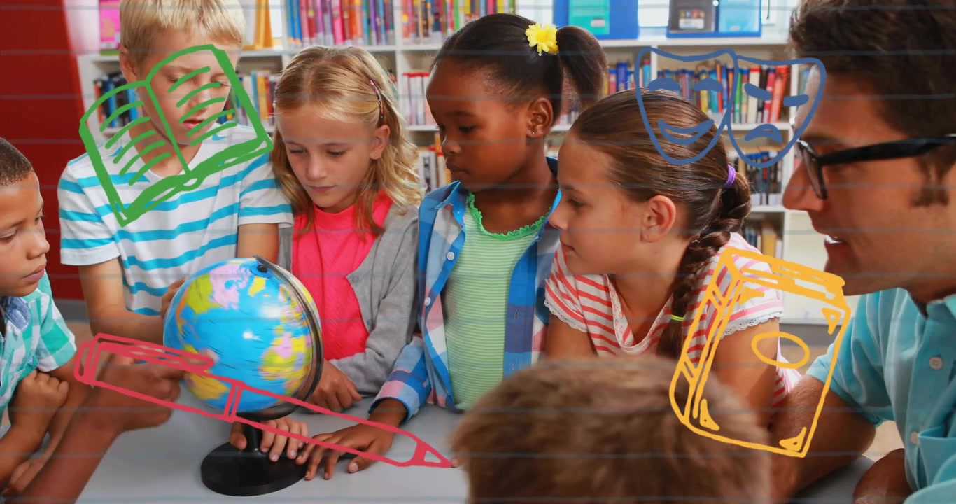 Boy placing hand on globe starting students spinning globe and pointing regions for geography