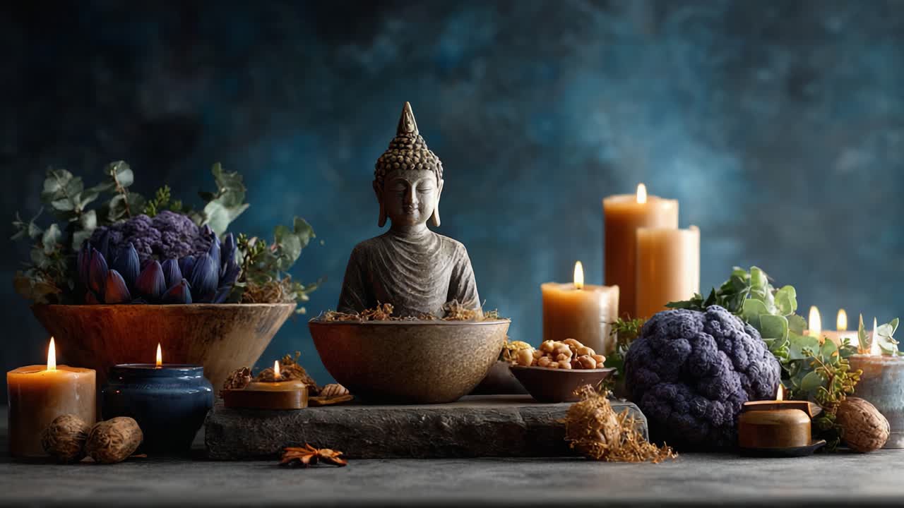 Natura morta serena con Buddha: una composizione tranquilla di una scultura di Buddha, verdure esotiche e candele tremolanti che creano un'atmosfera rilassante.