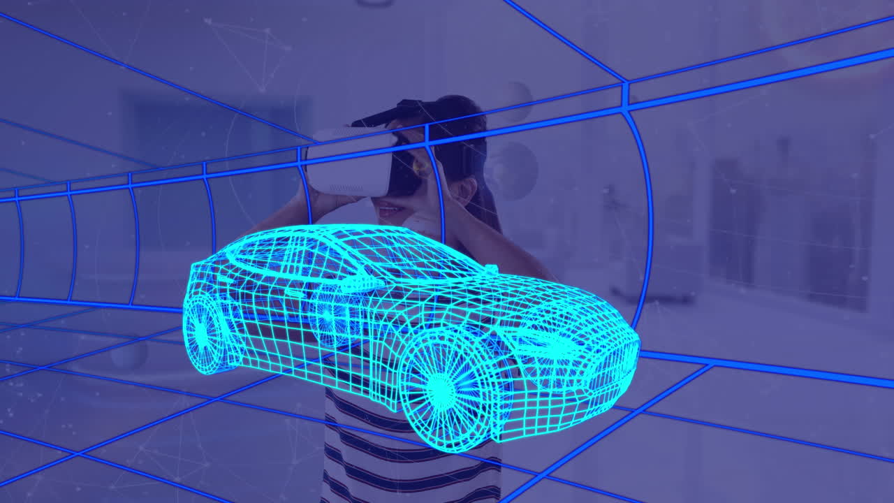 animación de dibujo técnico 3d de un coche, sobre una mujer en casa con auriculares vr