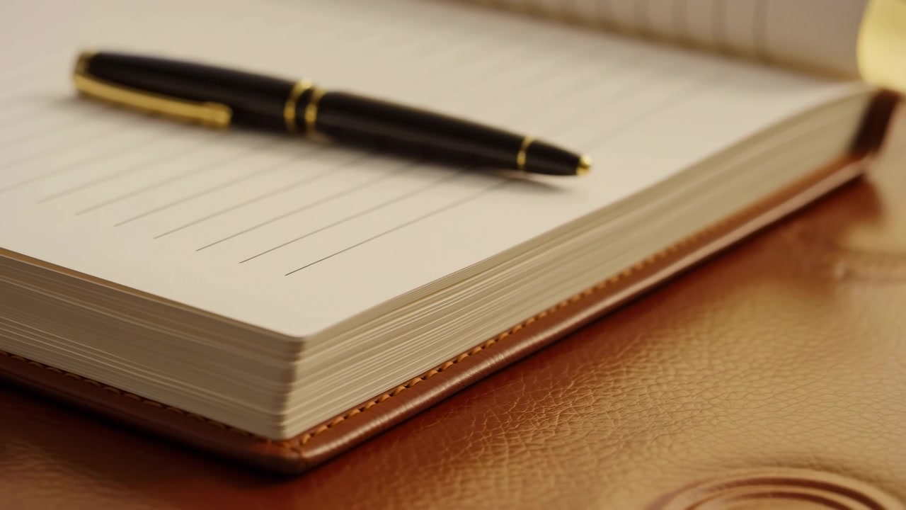 Primo piano dal basso di un quaderno a righe posizionato su un portadocumenti in pelle cucita con una penna a sfera nera con finiture dorate appoggiata su una pagina aperta, con un sottile riposizionamento della penna verso la rilegatura e un leggero aumento di dettaglio.