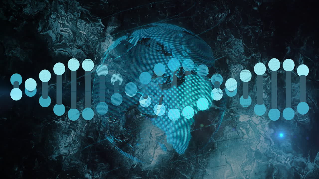Animation of digital data processing over globe and dna strand spinning