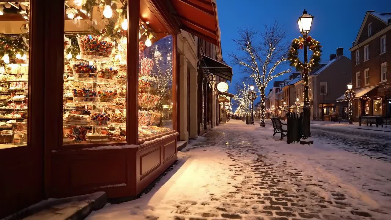 Festive street at dusk, low-angle shot, capturing holiday lights and decor, video ambiance