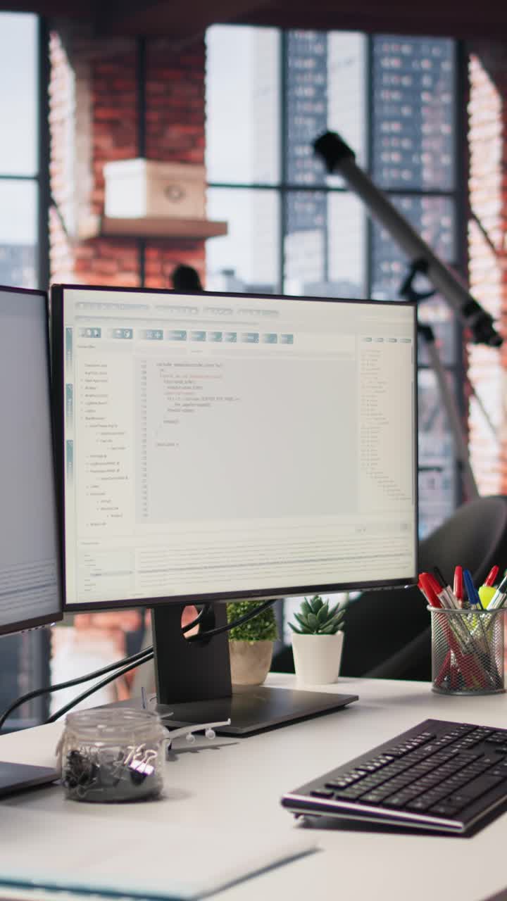 Vertical video Empty startup office with PC on desk to be used by programmers