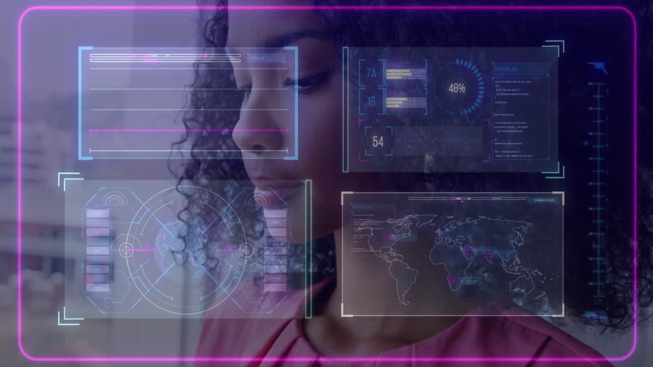 Analyzing digital data interfaces with graphs, businesswoman using animation in office
