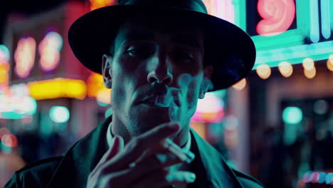 man smoking in neon city