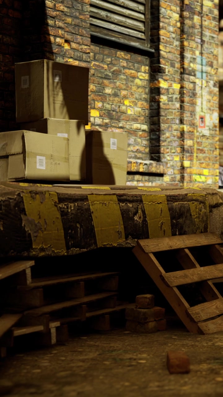 Mattoni invecchiati e pallet di legno raccontano storie di un magazzino vivace.