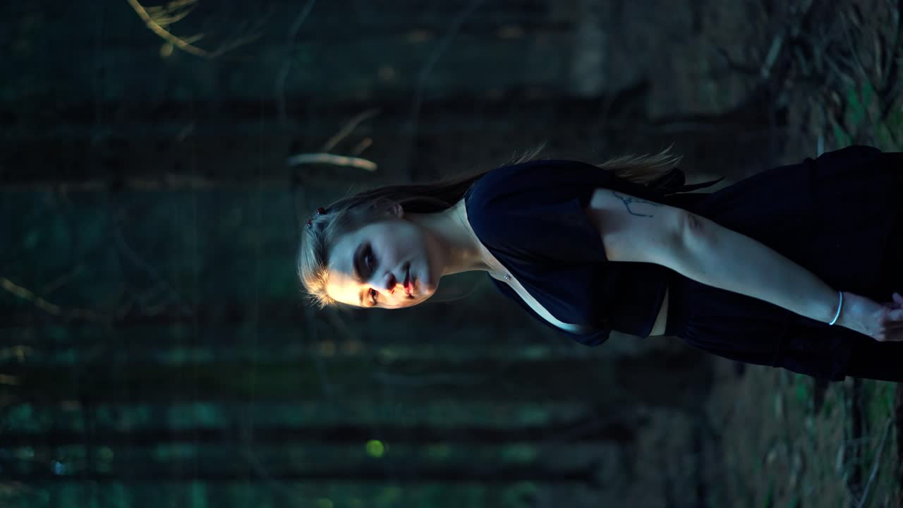 disparo vertical de una hermosa dama rubia quitando su cabello sobre su cuello en la naturaleza