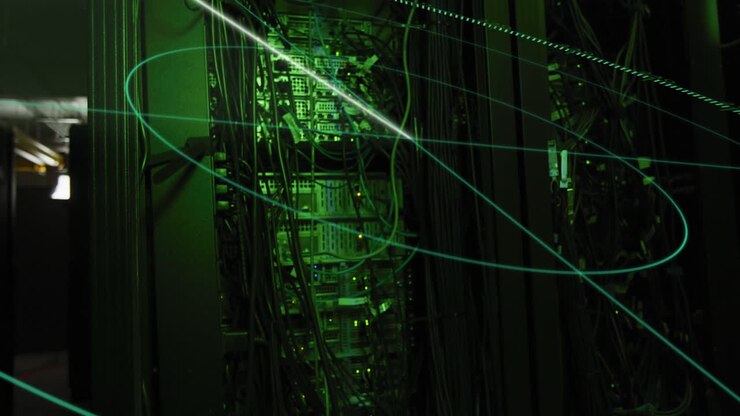 Animaton of scope scanning against close up of a computer server