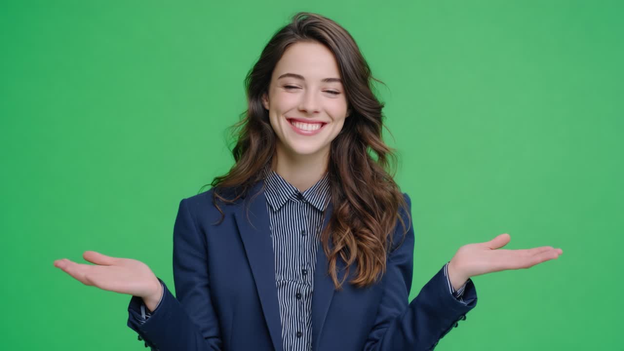 A Confident Woman in Business Attire with a Cheerful Smile Against a Green Background, Expressing Positivity and Openness with Outstretched Arms