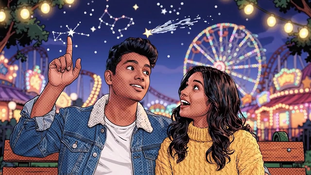 A Romantic Evening at the Amusement Park Under the Stars, Featuring a Happy Couple Enjoying Each Other's Company in a Whimsical Atmosphere Full of Joy.