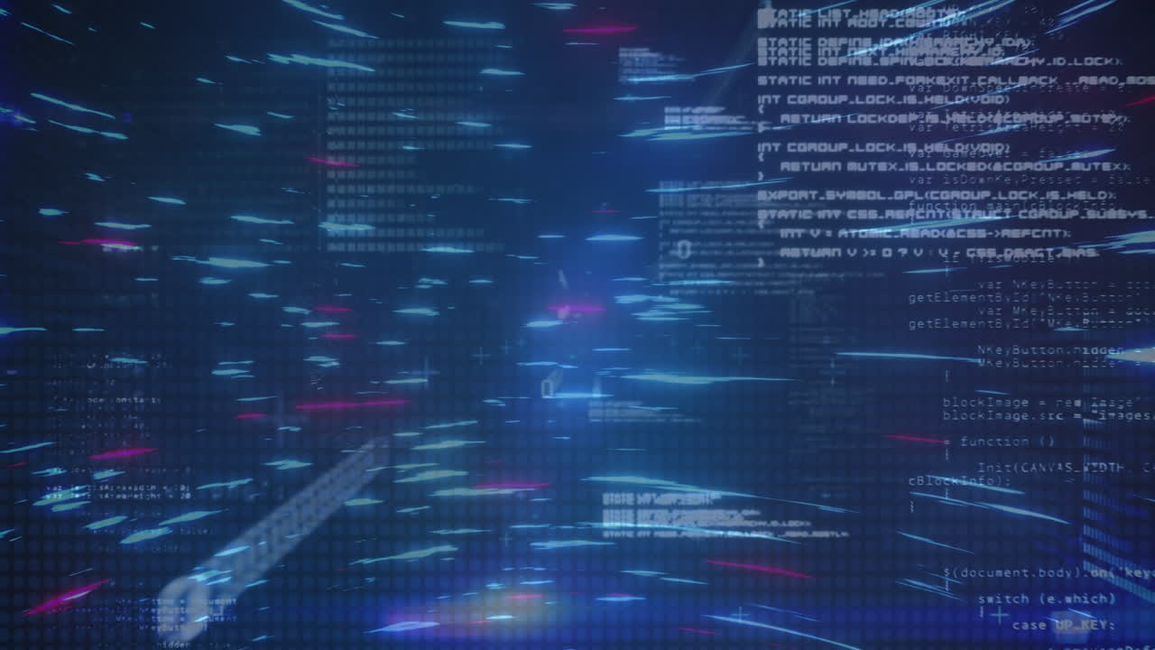Animation of data processing and lines of light on blue background