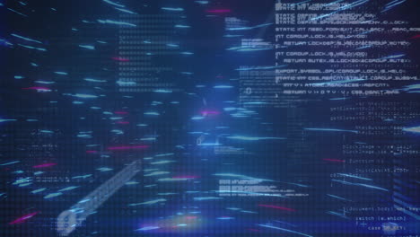 Animation of data processing and lines of light on blue background