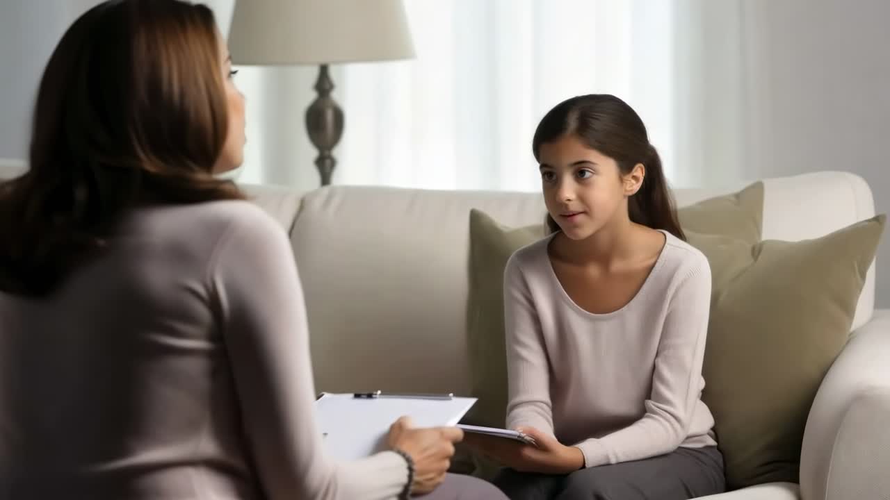 En videoscene viser en terapeut og en ung pige i en rådgivningssession
